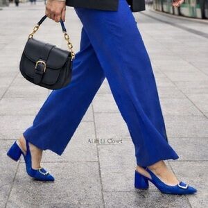 Nicole Miller New York Melrose Blue Faux Suede Slingback Block Heel Pumps 6.5